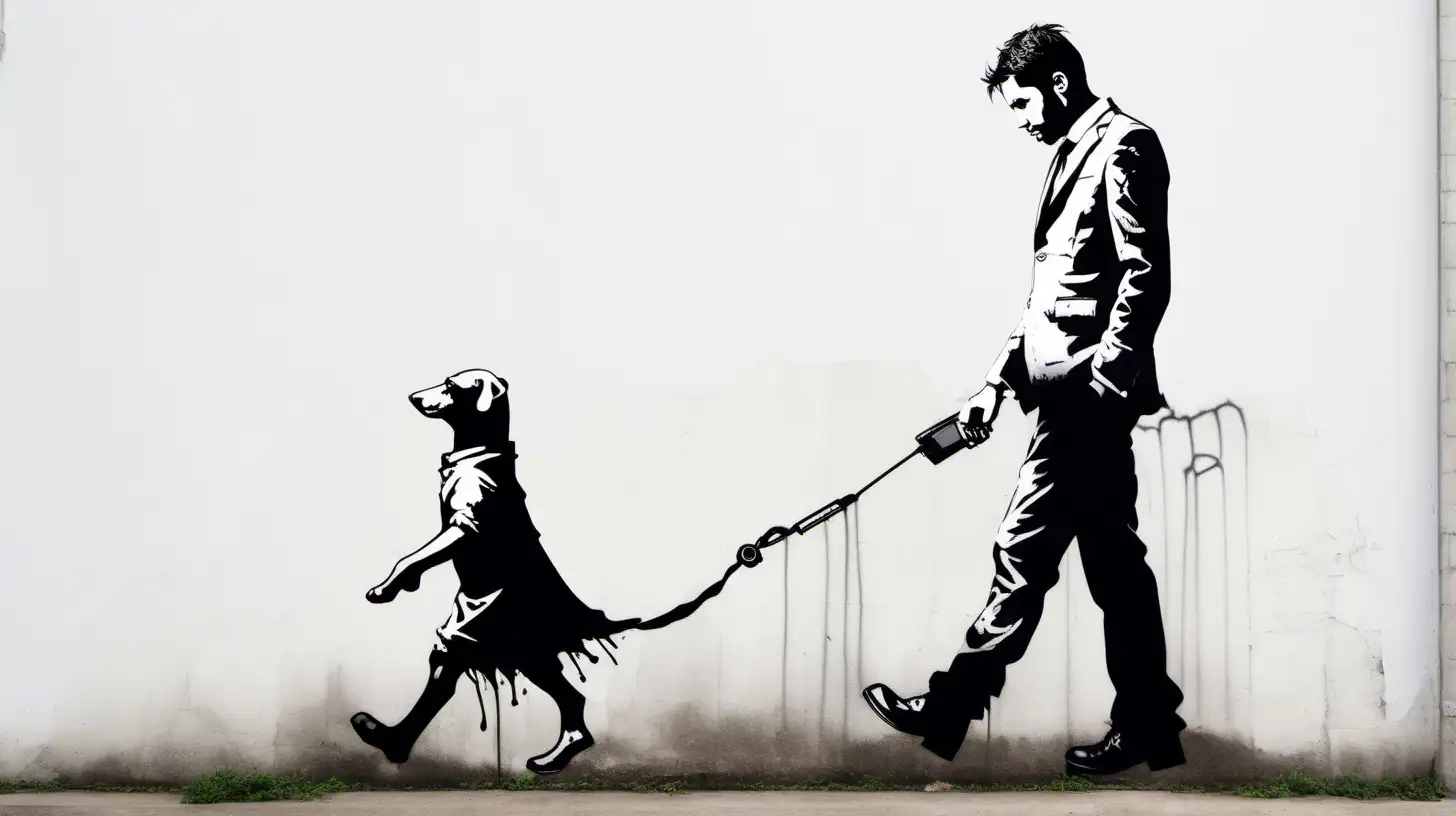 handsome 30 years old man  walking  in banksy style, white background