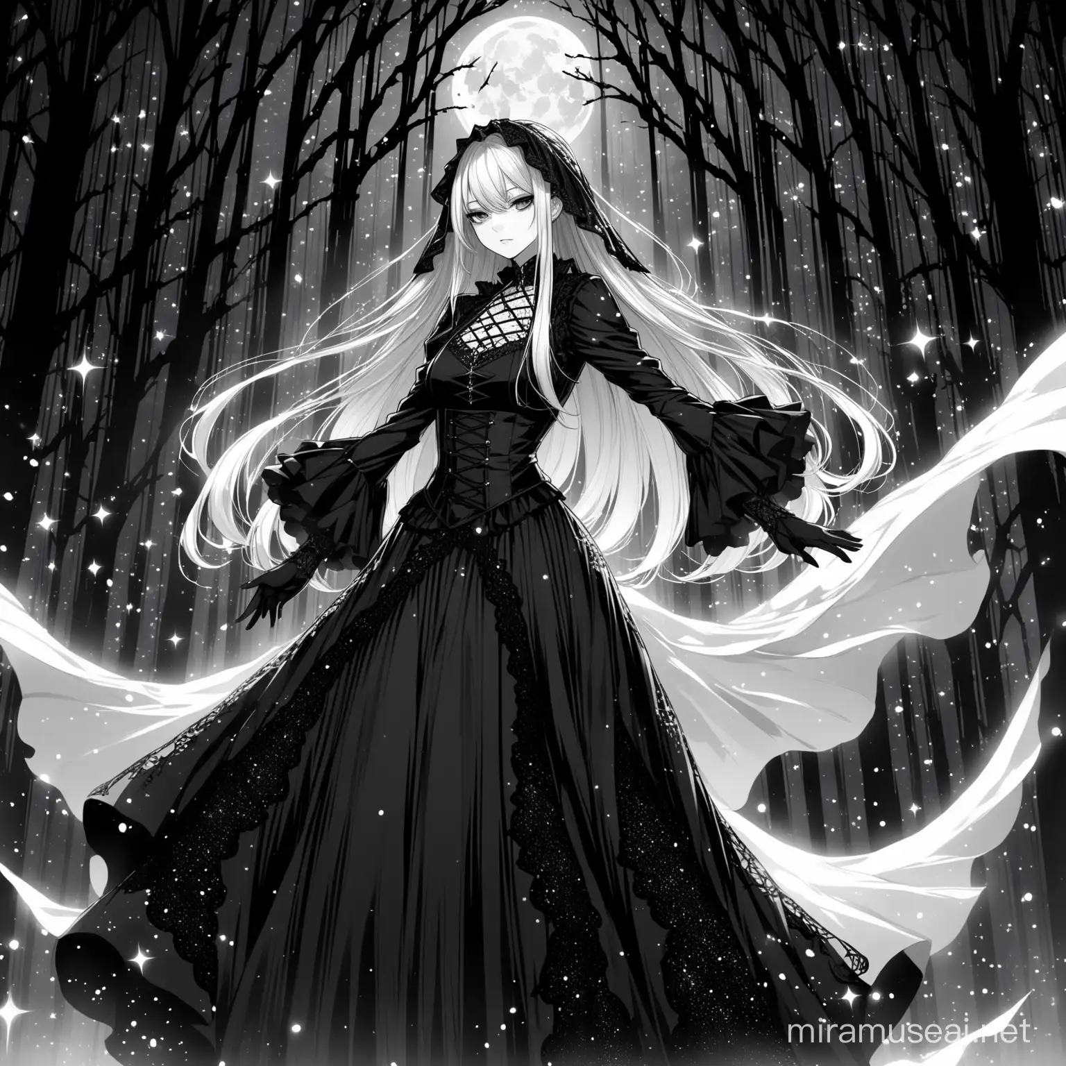 Subject: The main subject of the image is a gothic anime woman, exuding an air of mystery and allure. Her presence captivates attention and sets the tone for the overall atmosphere.
Setting: The background is adorned with black and white sparkles, creating a visually striking and ethereal environment. The contrast between the dark gothic elements and the shimmering sparkles adds depth and intrigue to the scene.
Style/Coloring: The image employs a black and white color palette, emphasizing the gothic theme. The stylistic choice enhances the dramatic and enigmatic qualities, contributing to the overall aesthetic appeal.
Action: The anime woman is depicted in a poised or dynamic pose, conveying a sense of strength, confidence, or perhaps a hint of vulnerability. Her actions add a layer of narrative to the visual storytelling.
Items: The presence of stickers in the background suggests a touch of personalization or symbolism. These stickers could be intricate symbols, further enriching the narrative or character backstory.
Costume/Appearance: The gothic anime woman's attire and appearance are likely characterized by dark, elegant clothing, and possibly unique accessories that contribute to her mysterious allure.
Accessories: Consider incorporating accessories like intricate jewelry, perhaps featuring symbolic elements, adding depth to the character and complementing the gothic theme.
