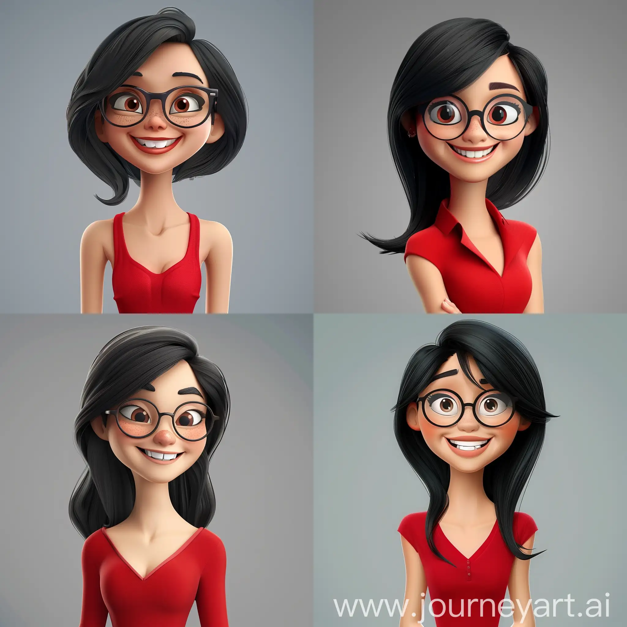 Cartoon 3d pixar studio, disney pixar style, cute woman with black hair, glasses, red top, smiling, grey background