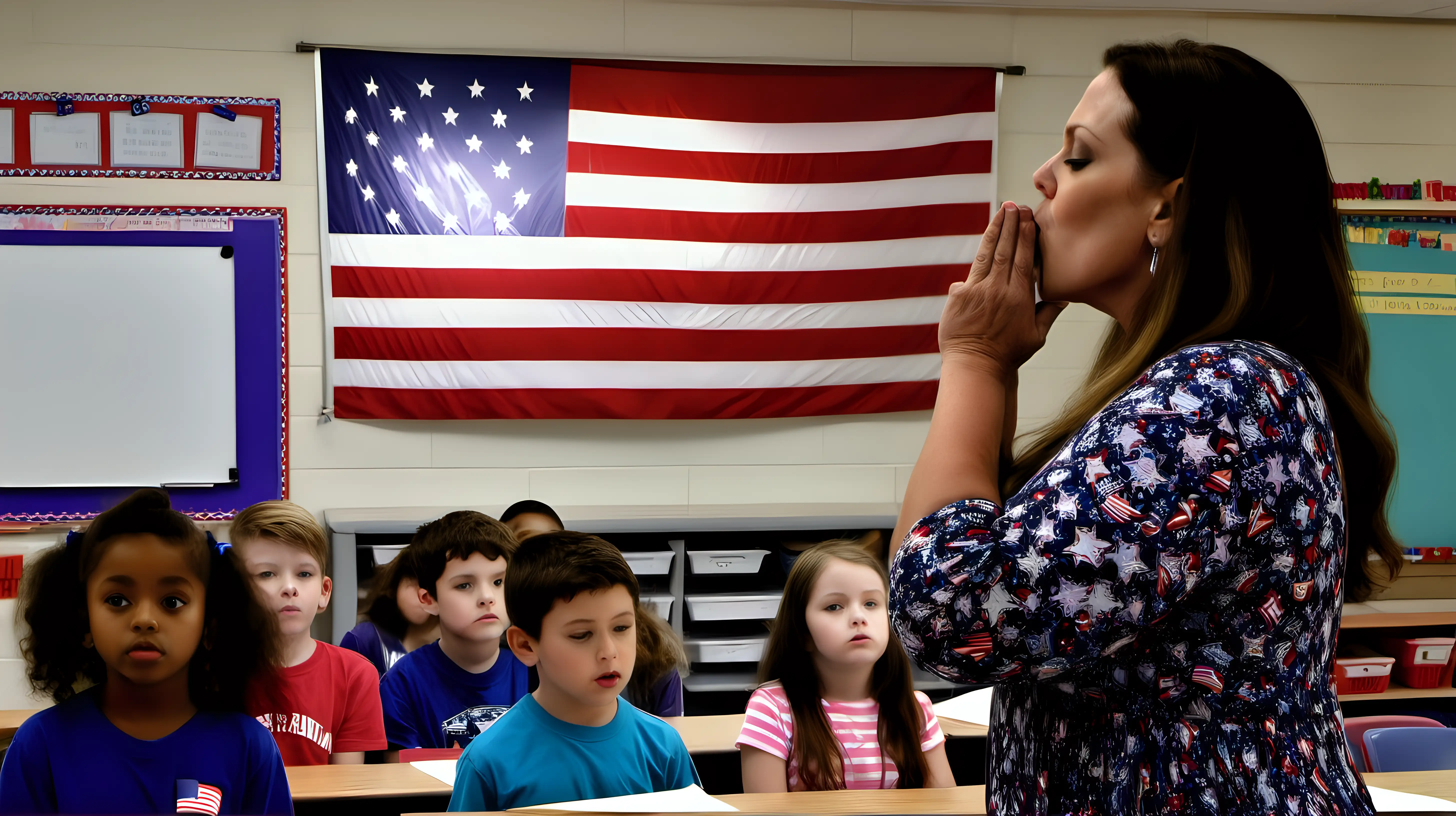 A teacher, standing in front of their classroom, kisses the American flag as they lead students in the Pledge of Allegiance, instilling a sense of patriotism and respect.
