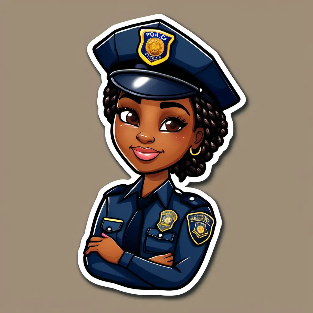  A cute cartoon sticker of a black woman police officer wearing a dark brown uniform and a campaign hat and braids