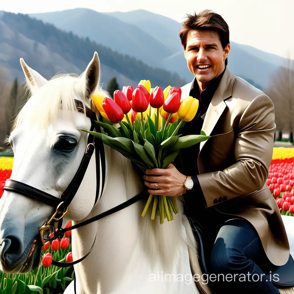 Tom Cruise with a bouquet of tulips on a white horse