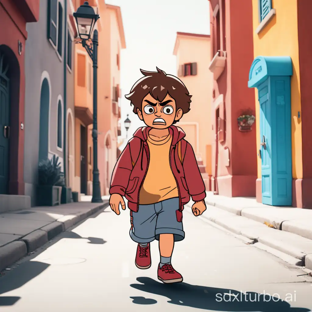 Animated-Angry-Child-Walking-Vibrant-Street-Scene-with-Three-Color-Contrasts