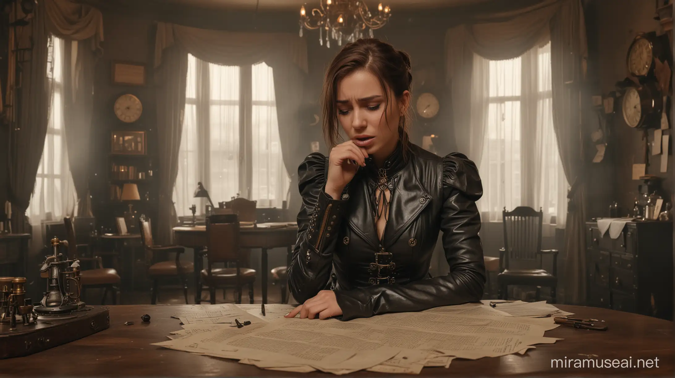 Young steampunk woman in a leather dress sits at a round table in her room, cries and tears up some letter.