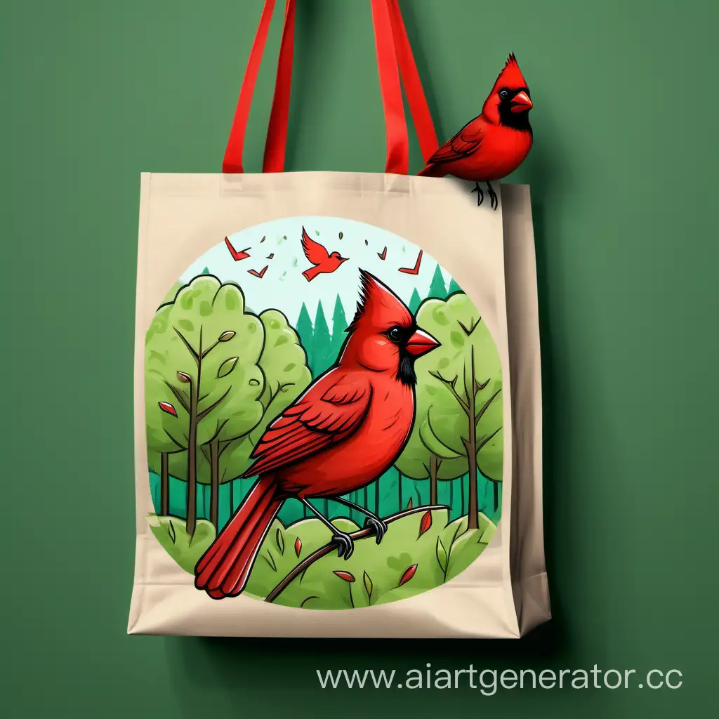 нарисуй милый арт на женской сумке для покупок. Рисунок в стиле птички "красный кардинал на фоне зелёнох деревьев". Сумка висит на крючке в студии.