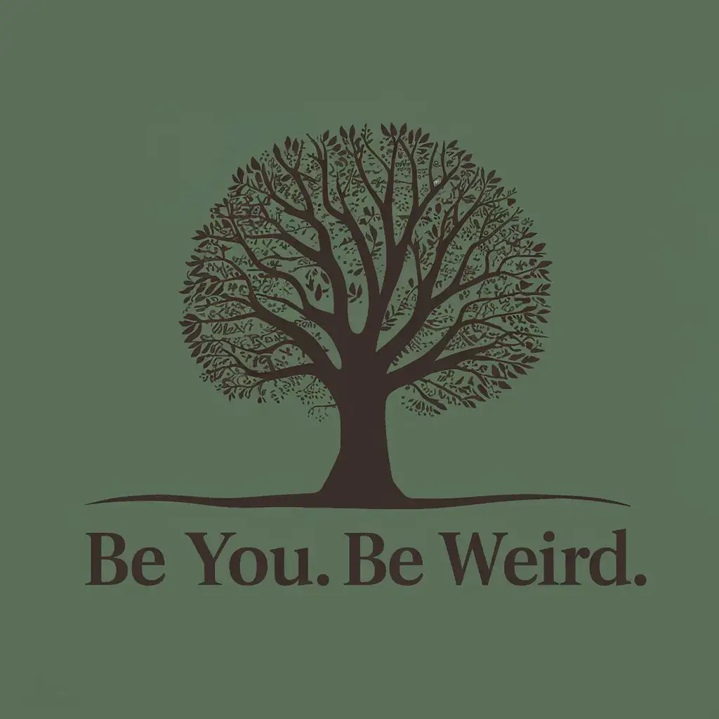logo, tree, with the text "be you be weird", typography