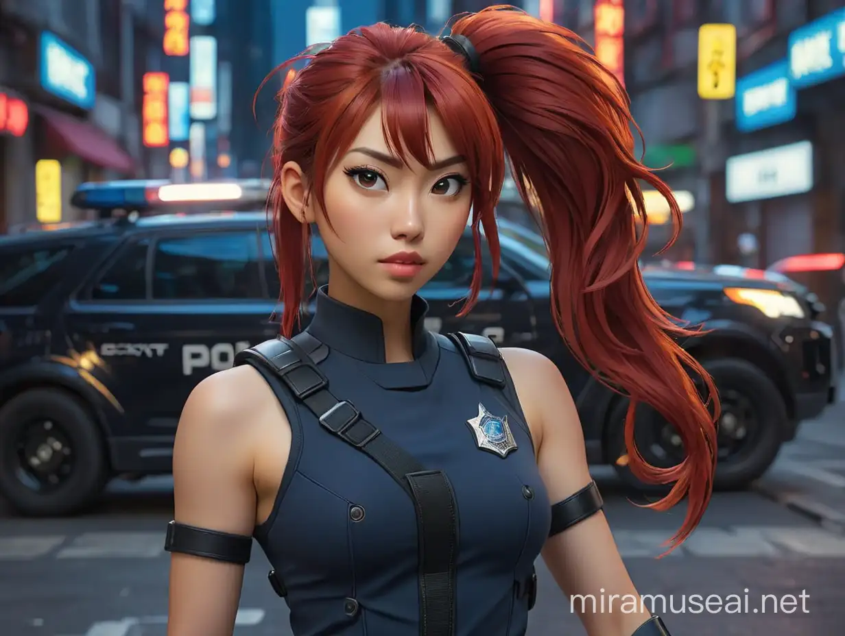 A Asian women about 28 years old, with red hair in a high ponytail,  wearing a tight dark blue shorts police uniform Futuristic Style, pale skin by a Cyberpunk Wite and black police Car on a neon lit street