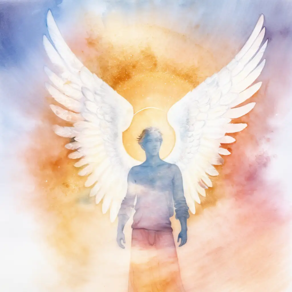 Male Angel at Sunrise Double Exposure Watercolor Art