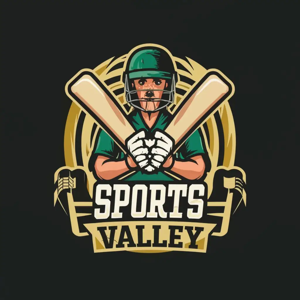 logo, CRICKET BAT BALL STUMP player, with the text "sports valley", typography