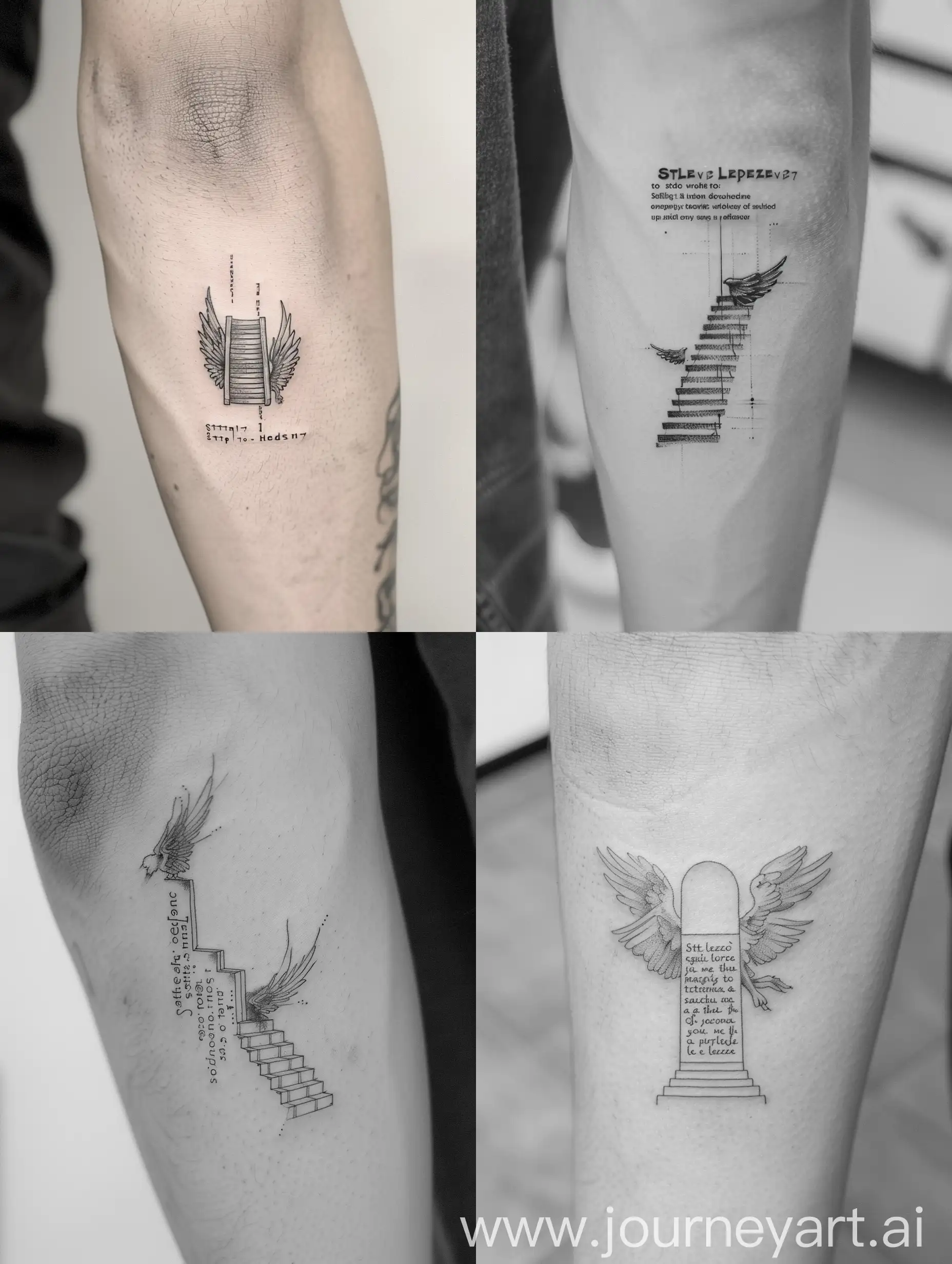 A minimalist tattoo of the Led Zeppelin lyrics "Stairway to Heaven," with a small illustration of a stairway leading up to a pair of wings. The tattoo is done in simple black ink, and the typography is done in a classic font to give it a vintage look.