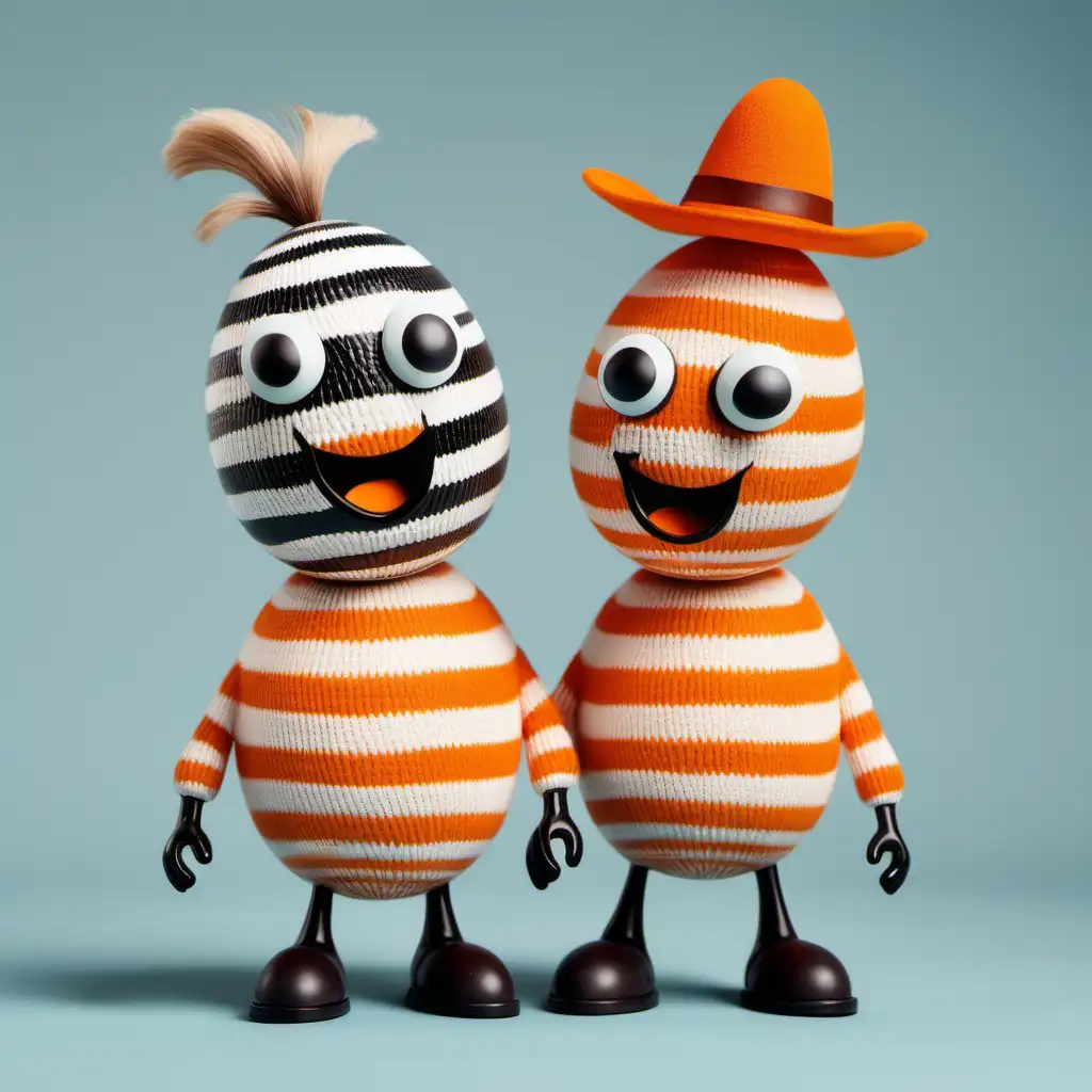 two egg-shape  color blobs, riding a zebra animal, blobs have small arms and legs, each wearing orange color sweaters, both with cowboy hats