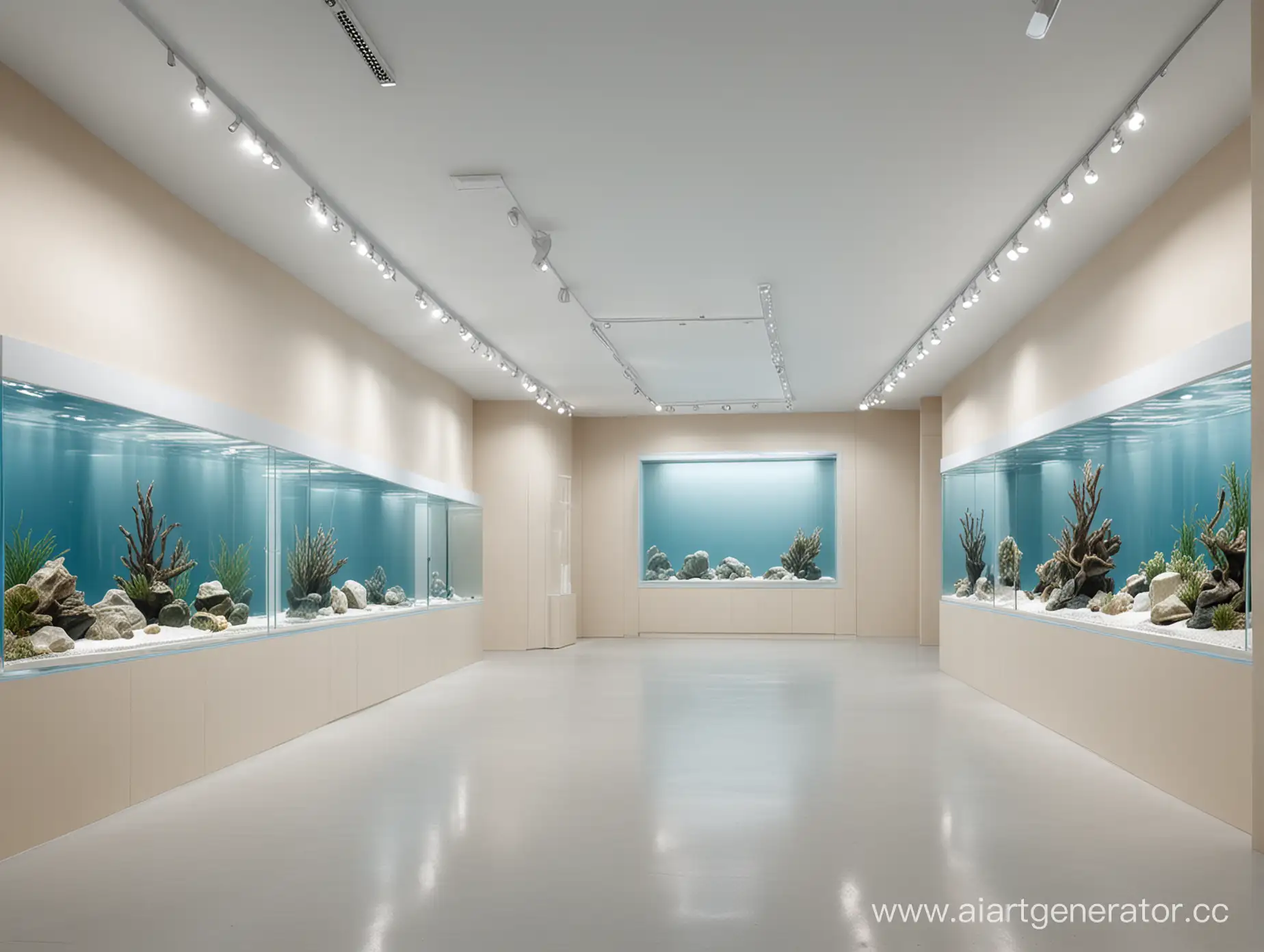 дизайн выставочного пространства для аквариумов, бежевые, белые и нежно-голубые оттенки, необычные обтекаемые формы 