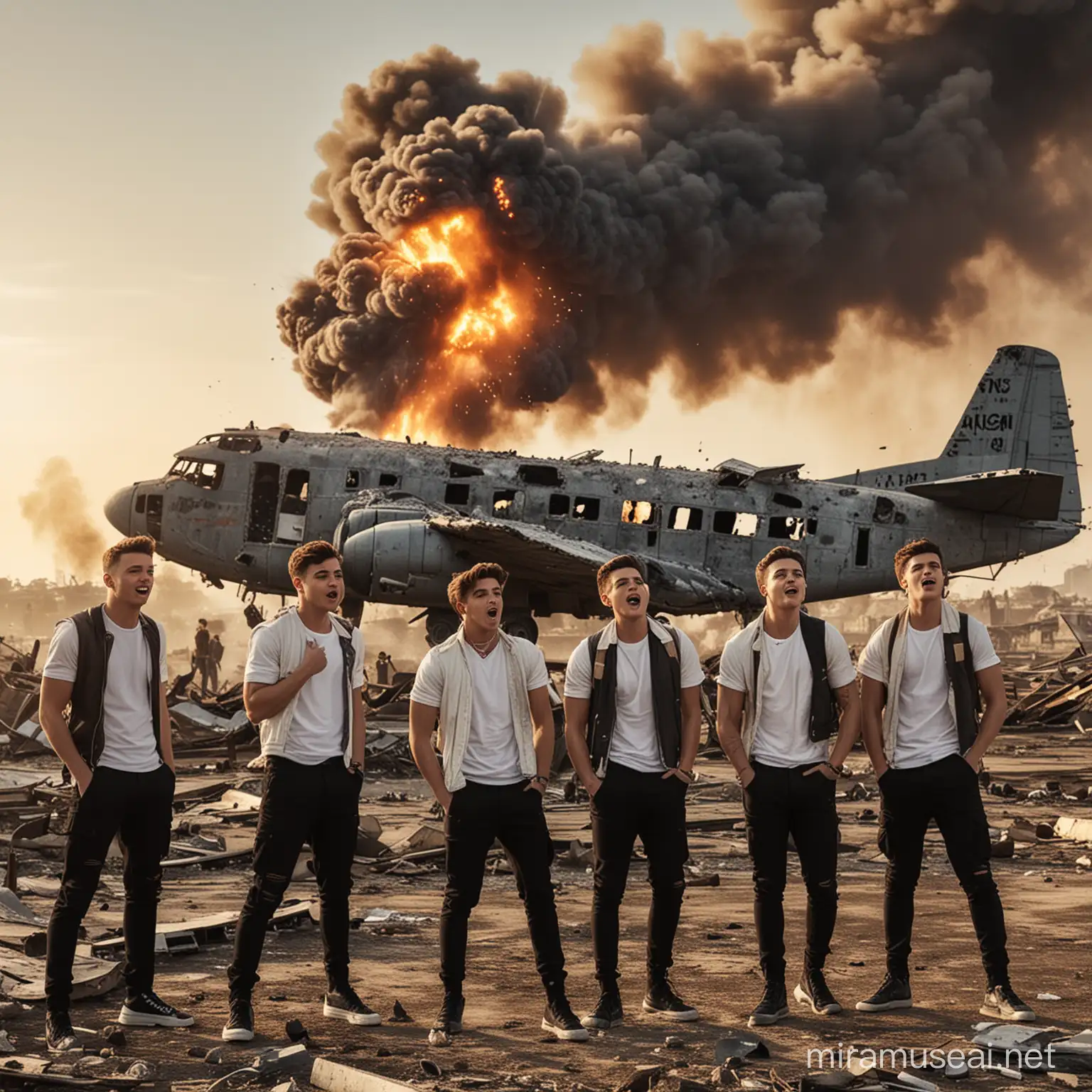 a boyband singing infront of a destroyed airplane with war and explosions in the background