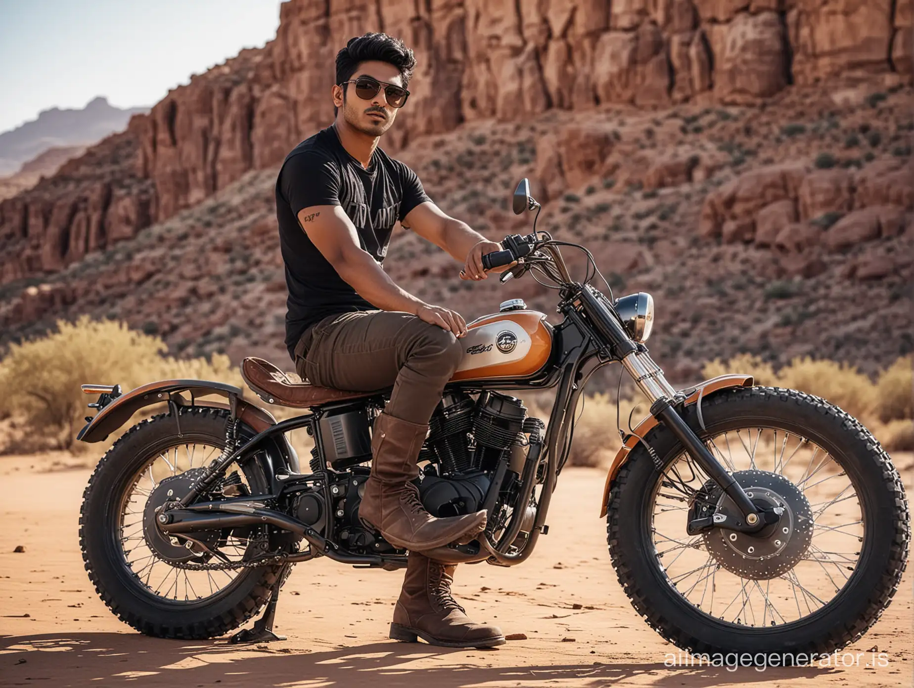 young simple looking Indian man, with black hair, short hair cut, face and clear skin visible, wearing trendy costumes, sunglass, boots, sitting and posing with attitude on a modified unique design, rugged concept bike, full bike visible, photoshoot, desert, wide and low angle, Realistic.