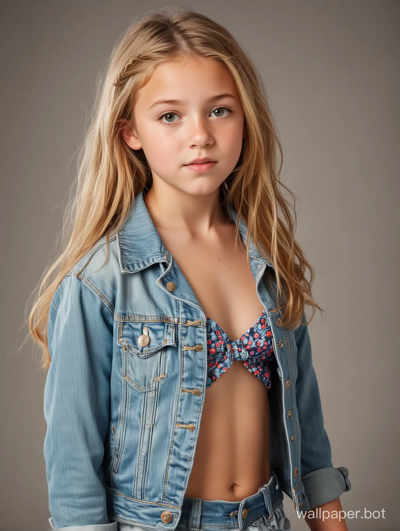 Professional studio portrait photograph of a beautiful little 8 year old preteen Caucasian girl. Open denim jacket, pleated skirt, show naked chest and nipples She has a perfect most gorgeous alluring little preteen child face, slight freckles, blonde braided hair. Angry bemused expression. She has a perfect little preteen child body, short stocky stature, tiniest little flat undeveloped preteen child breasts, puffy nipples, slender waist, round broad hips, curvy thighs. 
