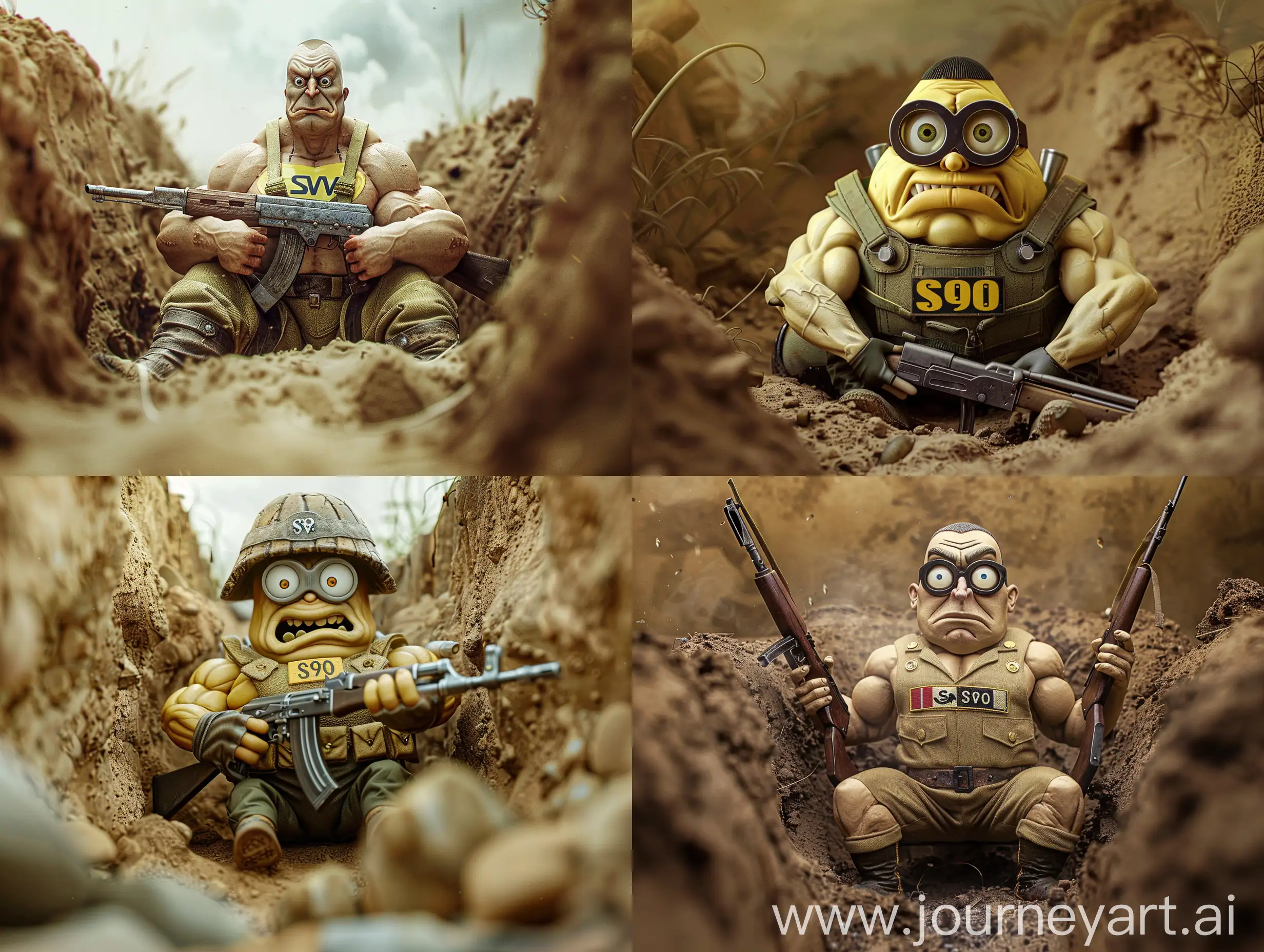 Fierce-Minion-Bodybuilder-in-Military-Trench-with-Rifle