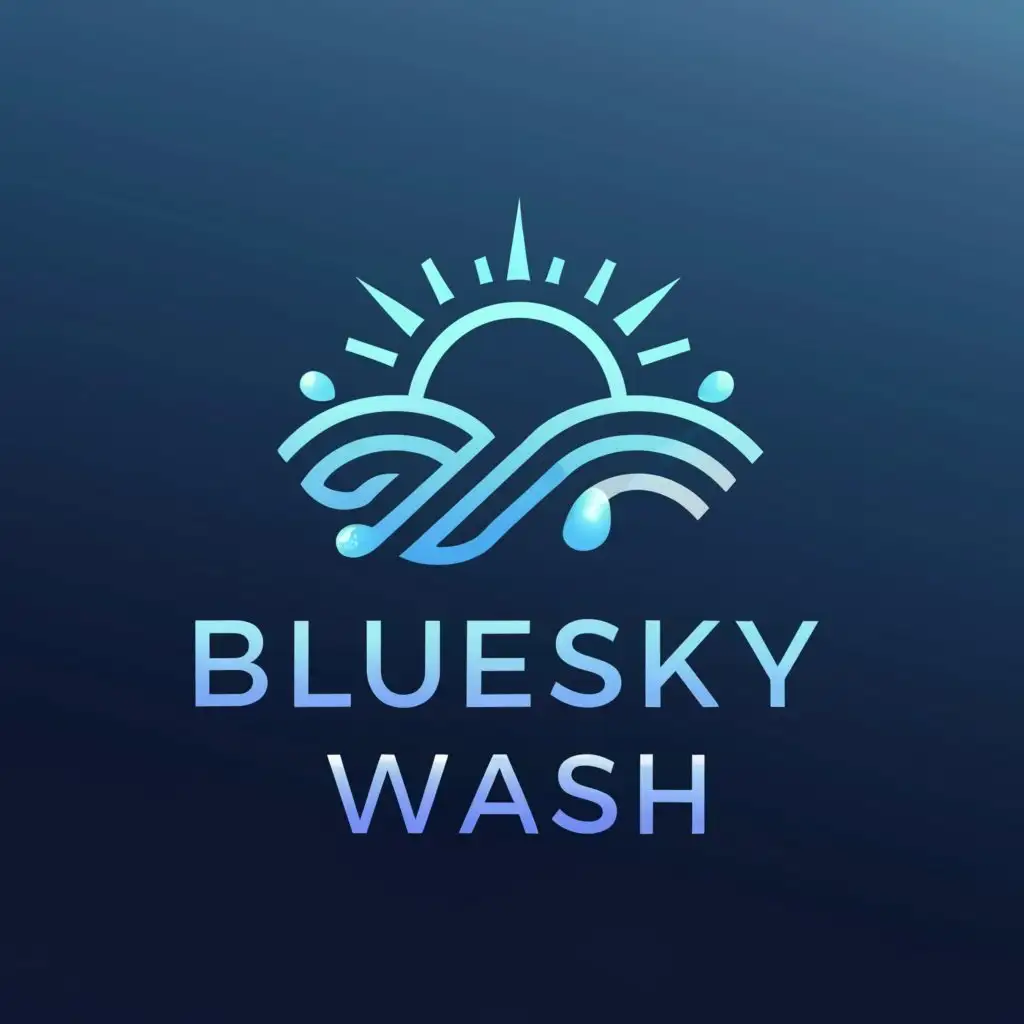 a logo design,with the text "BlueSky Wash", main symbol:A stylized representation of a blue sky with a shining sun or clouds, incorporating elements of cleanliness such as water droplets or a sparkling surface,Moderate,clear background