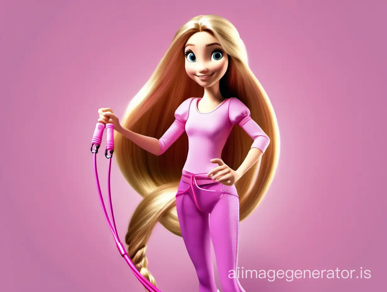 Disney princess Rapunzel in a pink sporty outfit with a skipping rope in her hands, long hair, identical eyes, realistic photo, 5 fingers on the hands, symmetrical proportions, correct grip of the skipping rope handles