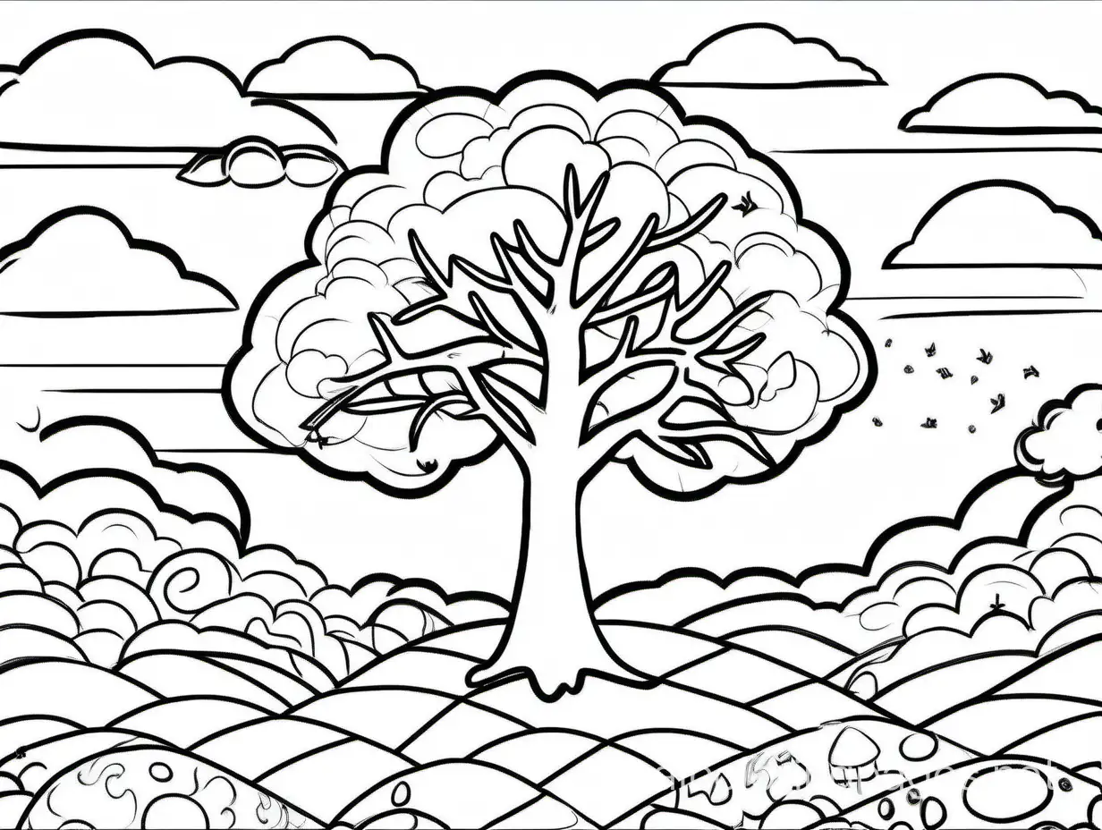 summer activity and sky cloud field tree coloring page black and white, Coloring Page, black and white, line art, white background, Simplicity, Ample White Space. The background of the coloring page is plain white to make it easy for young children to color within the lines. The outlines of all the subjects are easy to distinguish, making it simple for kids to color without too much difficulty