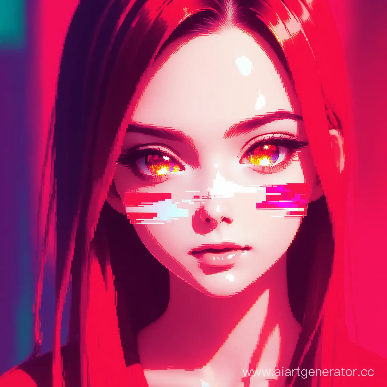 vhs filter, retro deffuse. Beautiful girl's face facial features, glitch effects, glitch distortion, video game effects, red filter, 