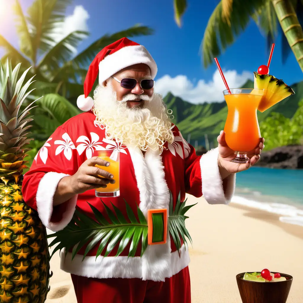 a hawaiian santa enjoying a mai tai in a tropical setting