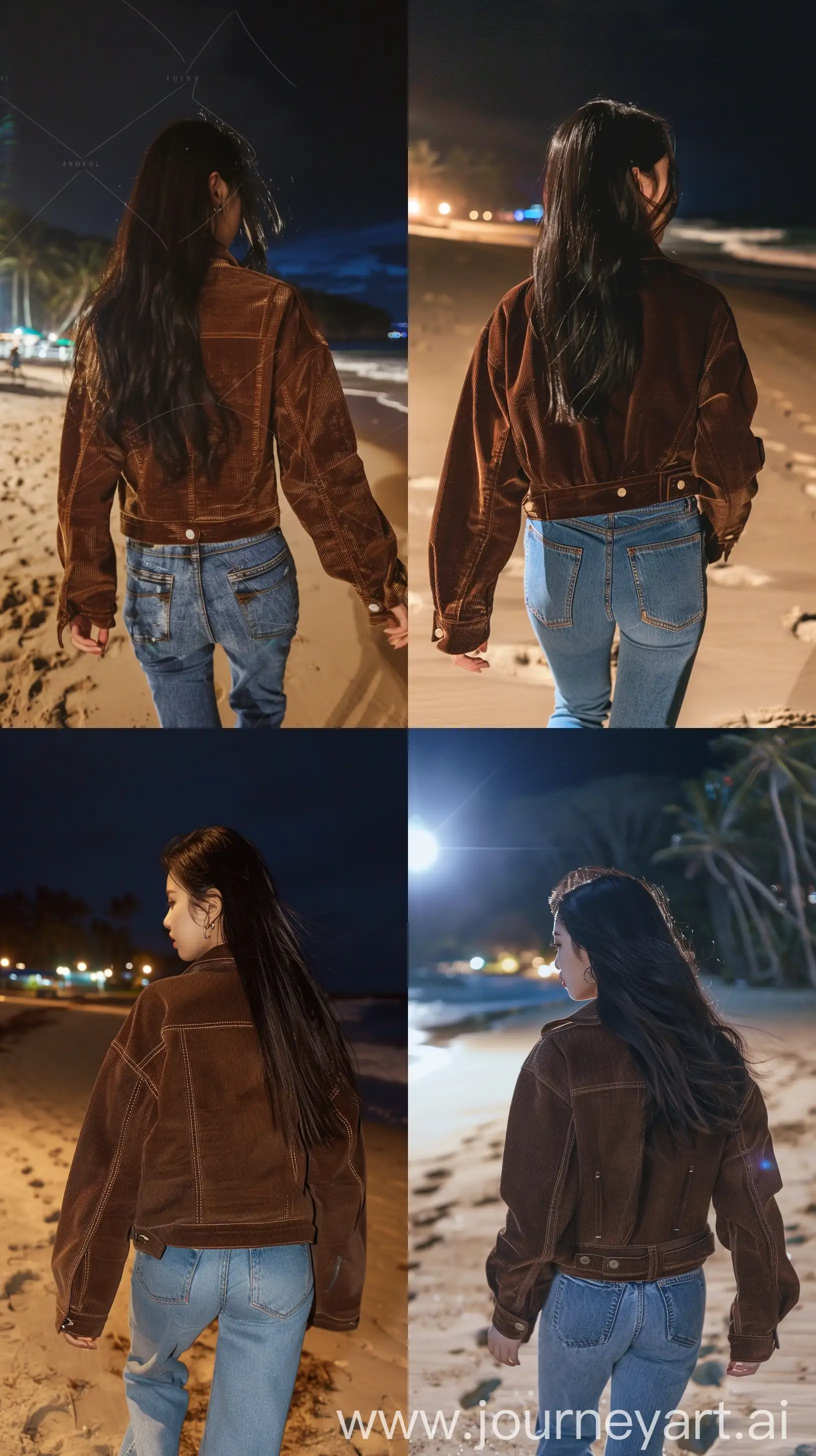 aesthetic selfie, Blackpink's Jennie wearing a brown corduroy jacket and jeans, walking on a Bali beach, nighttime, back body, --ar 9:16 --v 6 --ar 1:1 --no 6873