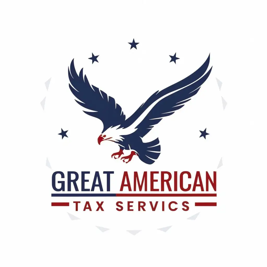 logo,  Eagle , with the text """"
Great American Tax Services
"""", typography, be used in Finance industry