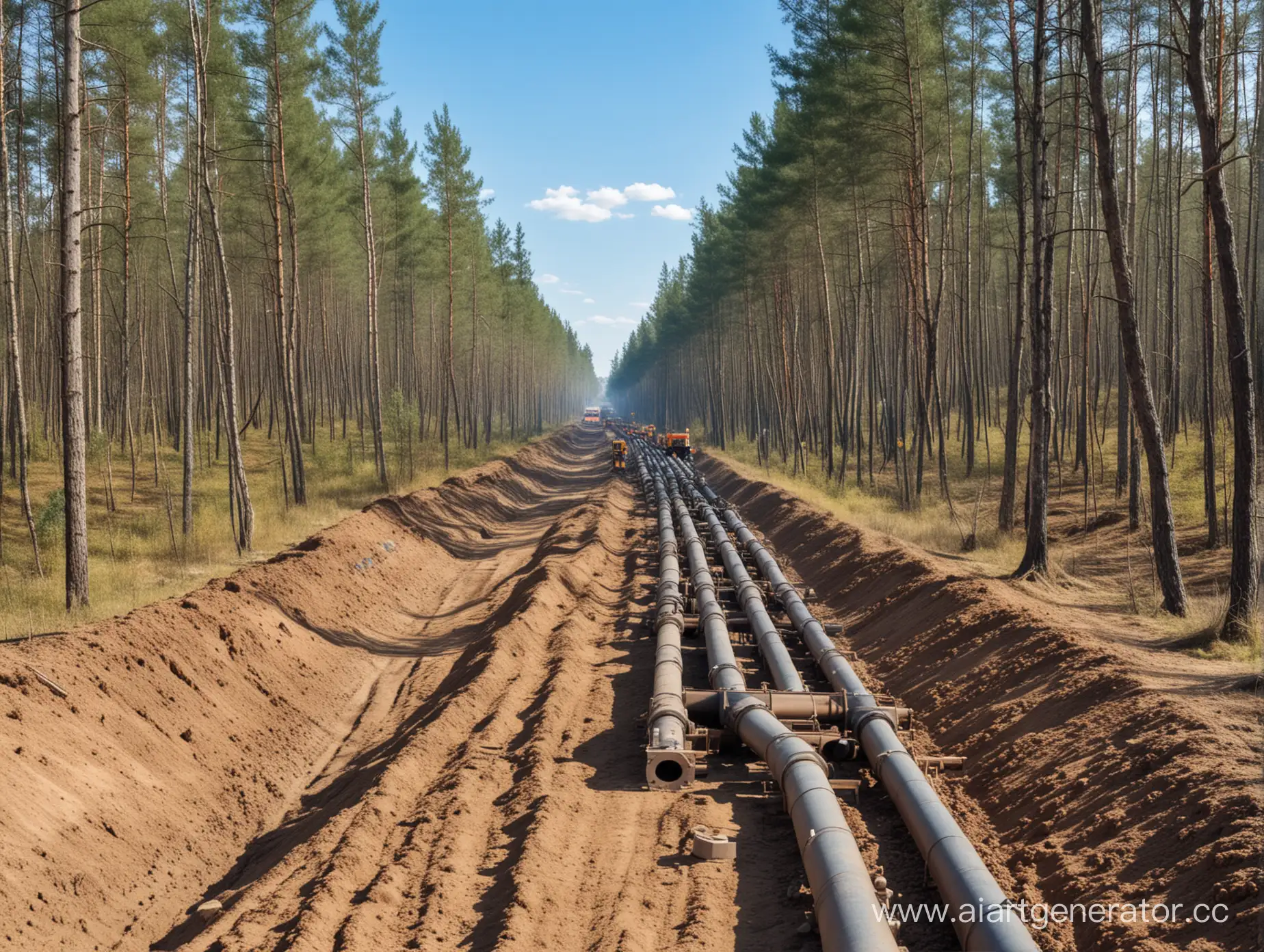 строительство газопровода при помощи техники в лесу в России в солнечную погоду с голубым небом