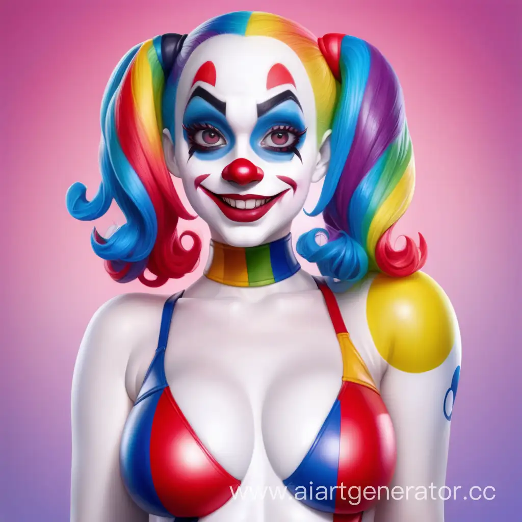 Обнаженная латексная девушка в образе куклы харли квин в обтягивающем резиновом радужном костюме клоуна. С белым латексным лицом в  С большим красным резиновым носом клоуна. Изображение сделать в милой мультяшной стилистике