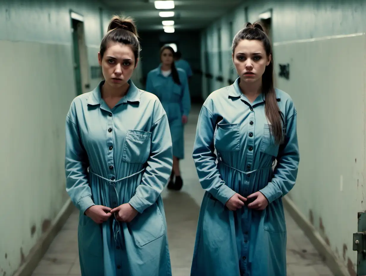 Two of busty prisoner woman (20 years old, same dress) stand (far from each other) in a prison corridor in dirty ragged paleblue longsleeve midi-length buttoned gowndress (, a "438" label on chest pocket, brunette low pony hair, sad and ashamed ), look into camera, tied back hands