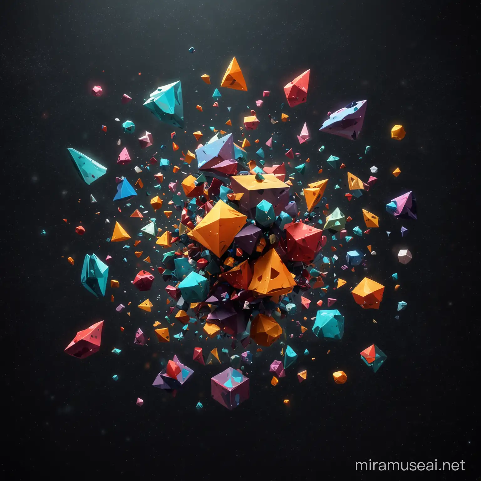 Colorful shapes floating in space, dark background