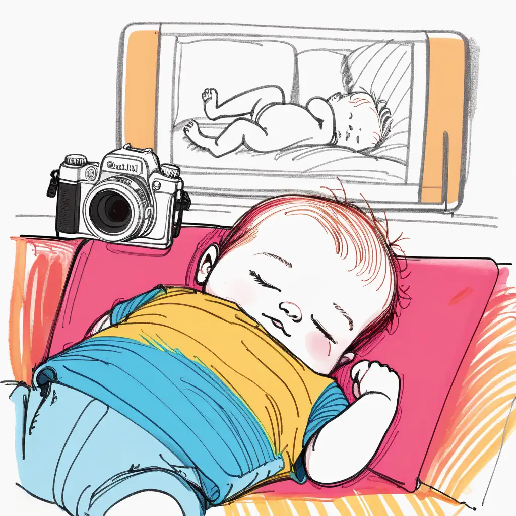 An sketch of a white male baby sleeping, with his back to the screen and camera, in a bright room with vibrant colors, drawn in the style of a rom-com book cover
