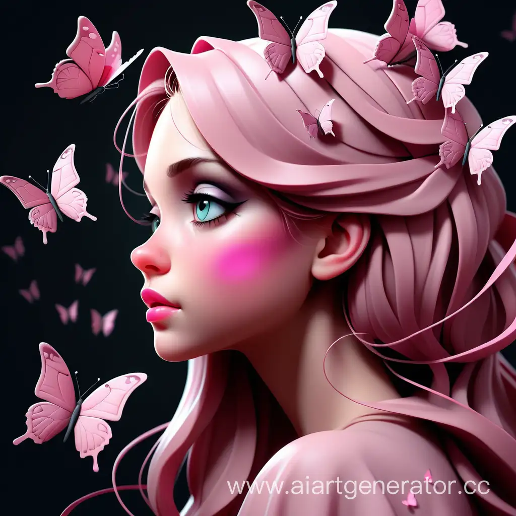 Девушка в профиль сказочная, летают бабочки розовые