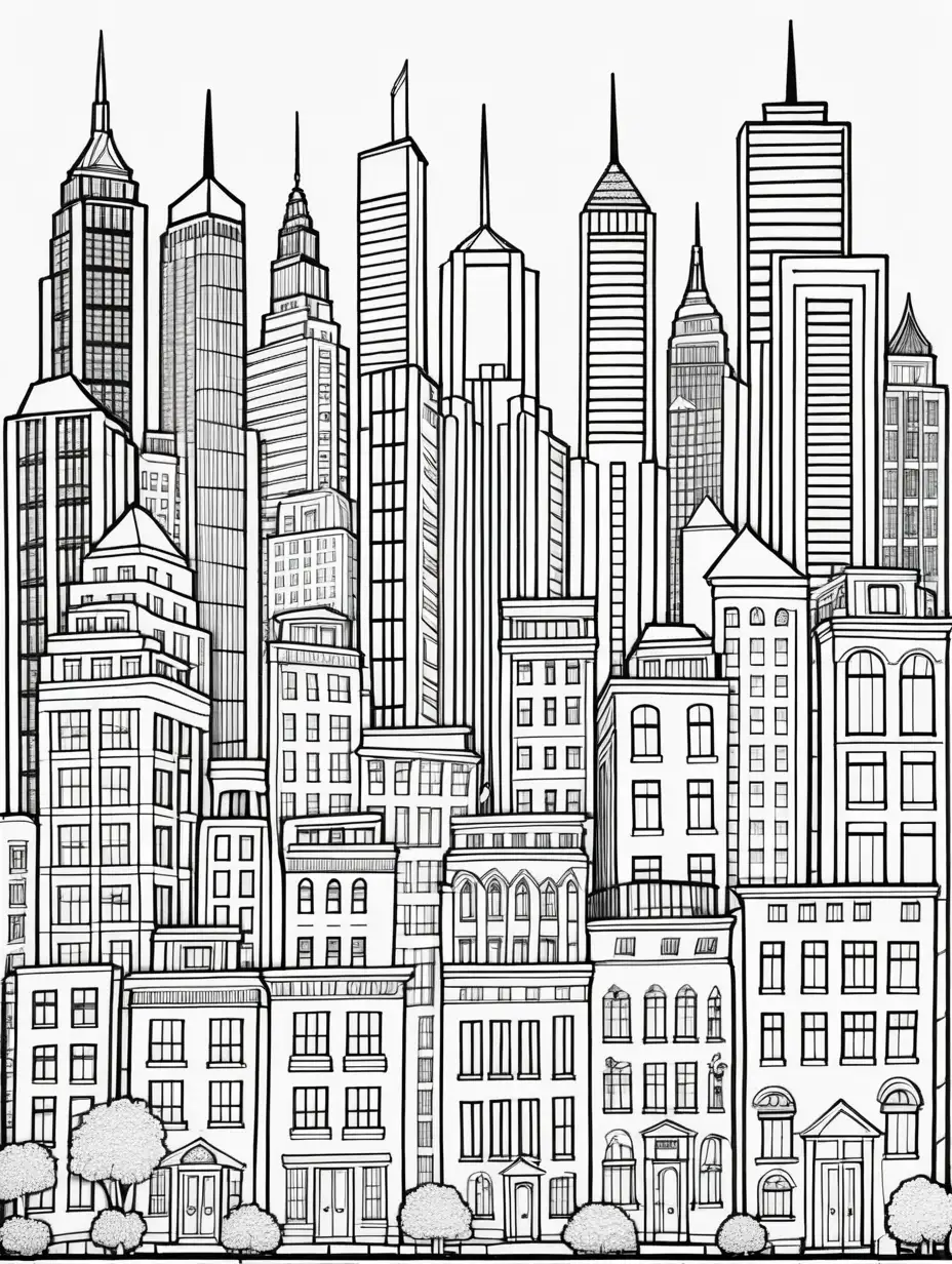 coloring page for adults, doodles of a city, there are small houses on the front, on the back there are skyscrapers, minimal style, clean black lines and white background
