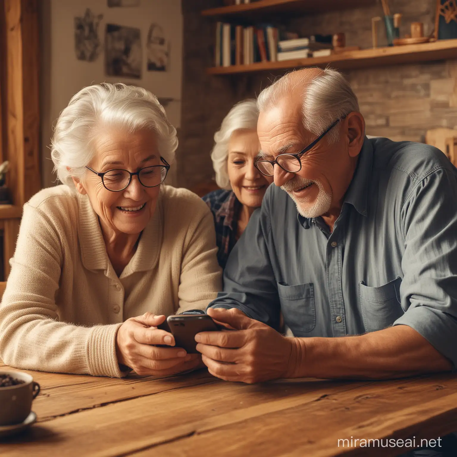 Two ederly adults, gandfather Grandmother having fun while learning using Smartphone, Background cosy woody home