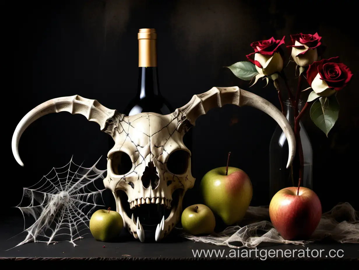 Bull skull, withered roses, spider web, old  dust bottle of wine, apple, pear, dutch style, dark background