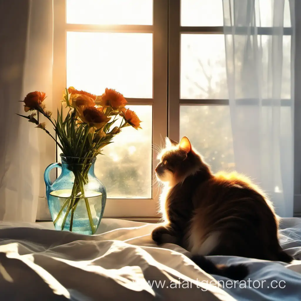 Cozy-Cat-Nap-with-Sunlit-Flowers-on-the-Bed