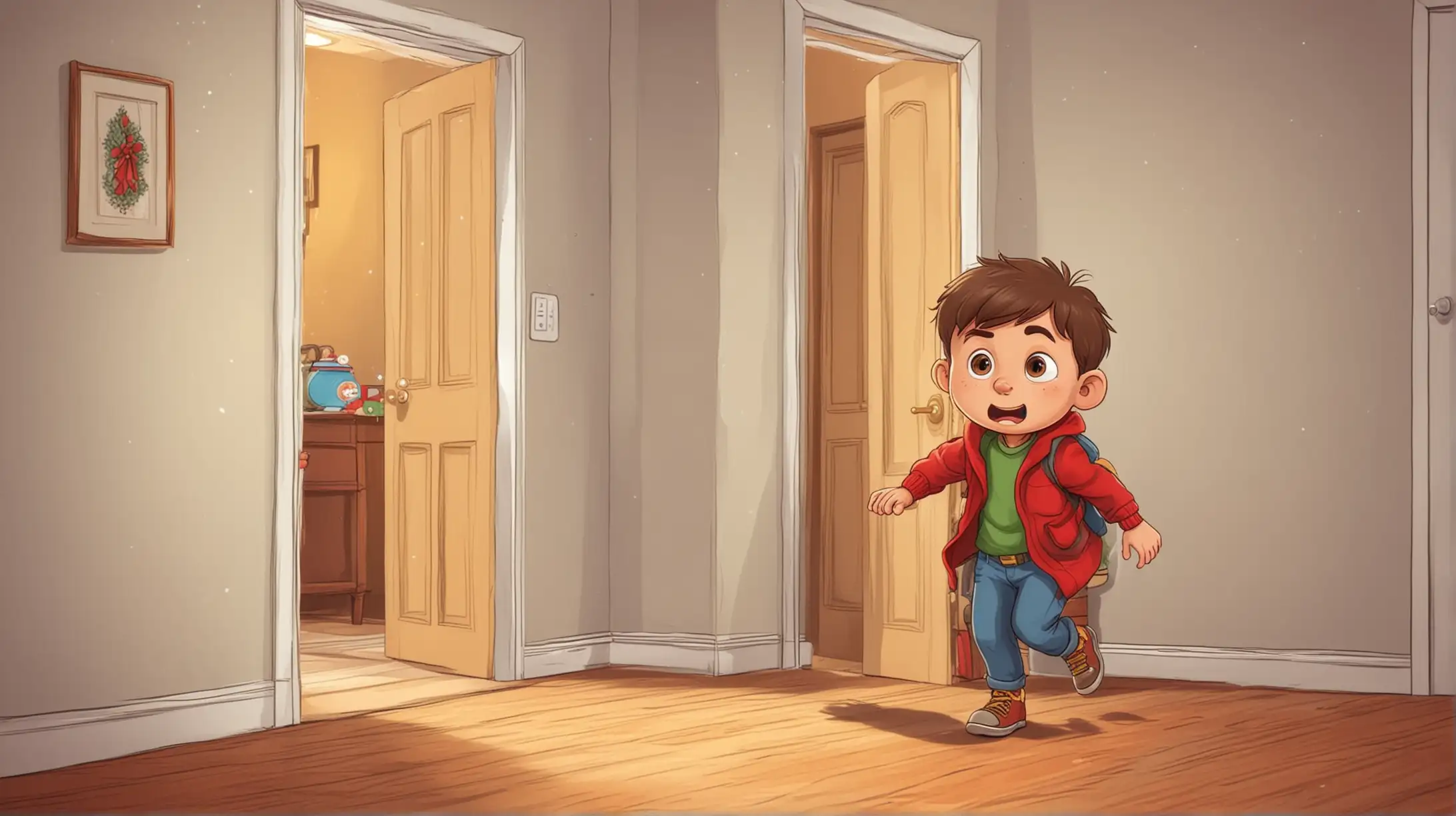 cartoon style little boy sneaking out of his room christmas eve
