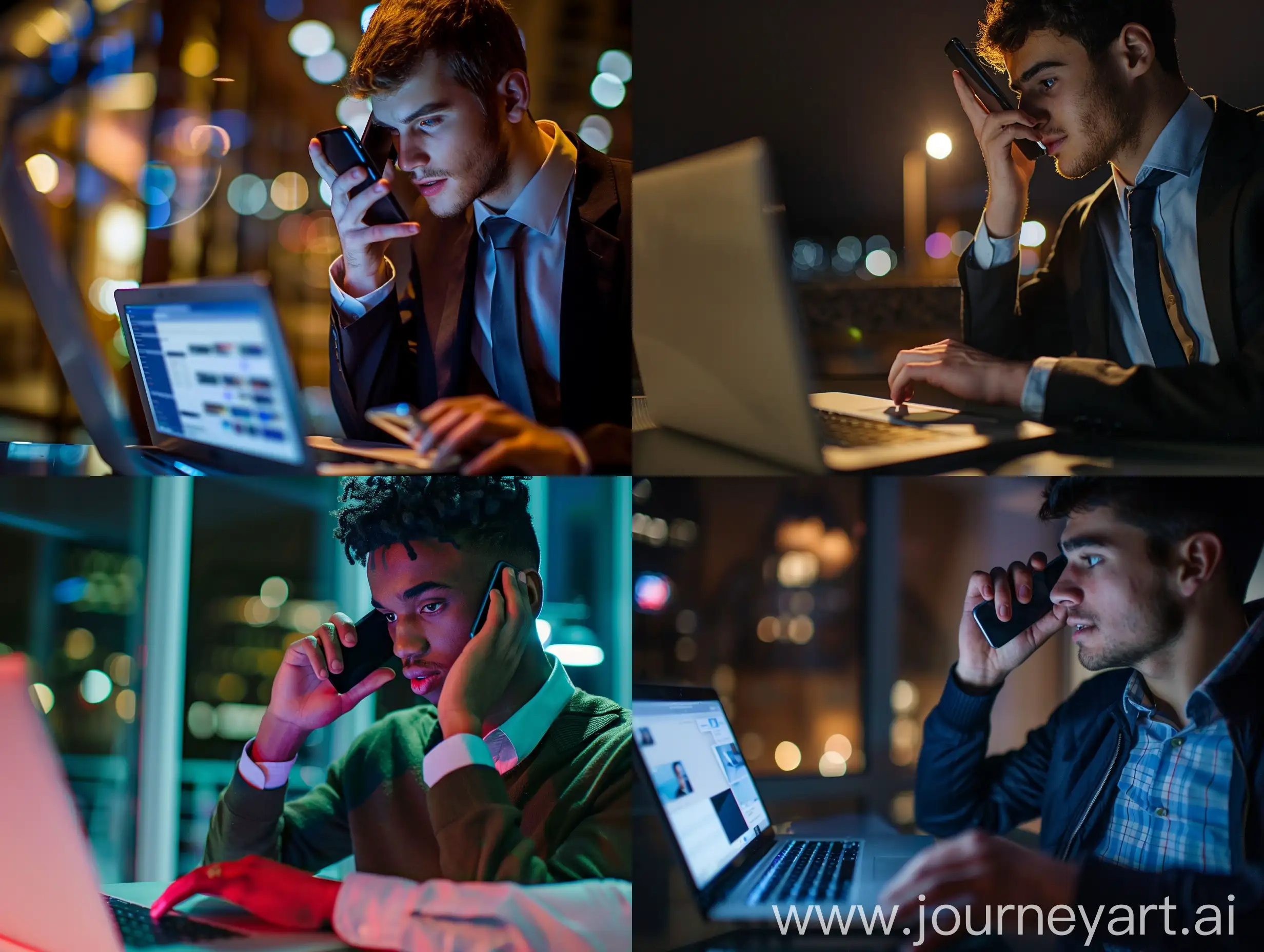 Young-Businessman-Multitasking-with-Phone-and-Laptop-Late-at-Night