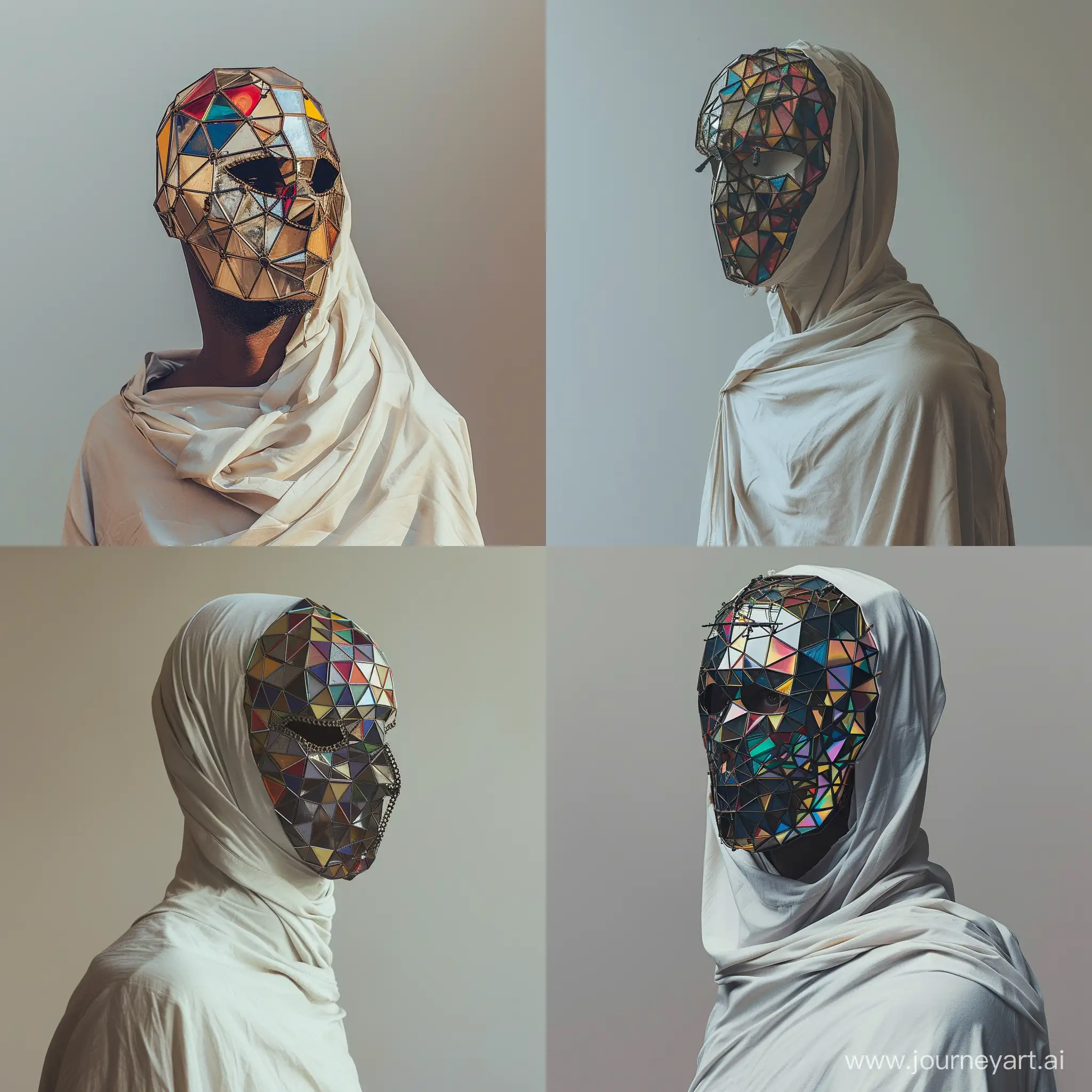 The man is standing in a mask that covers his whole face, the mask is multicolored with geometric pattern made with glass and iron and with many details  man is wearing a white sheet, the background is one colour, the photo is extra detailed
