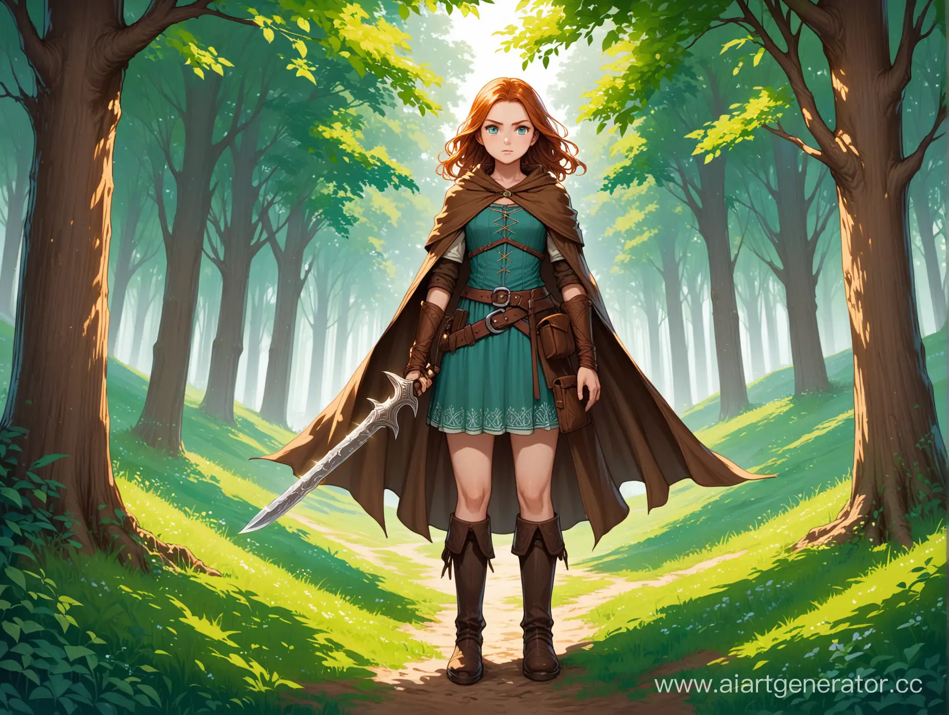 alone Character, front, concept art, alone an young girl, full height, with short ginger wavy hair, fair skin, serious face, gray-blue big eyes shining brightly, long brown peasant skirt, tockings, Leg sheath, Short Knife in a sheath, Brown leather corset on the belt, Brown leather bracers, Brown cape, Long cape, Brown leather boots below the knee, Medieval , fantasy, rpg, Forest, trees, green meadow, foliage, greenery  (extremely hyper - detailed face), (masterpiece:1.4), (perfect eyes:1.1), (deep eyes), think body, kalashtar, ranger