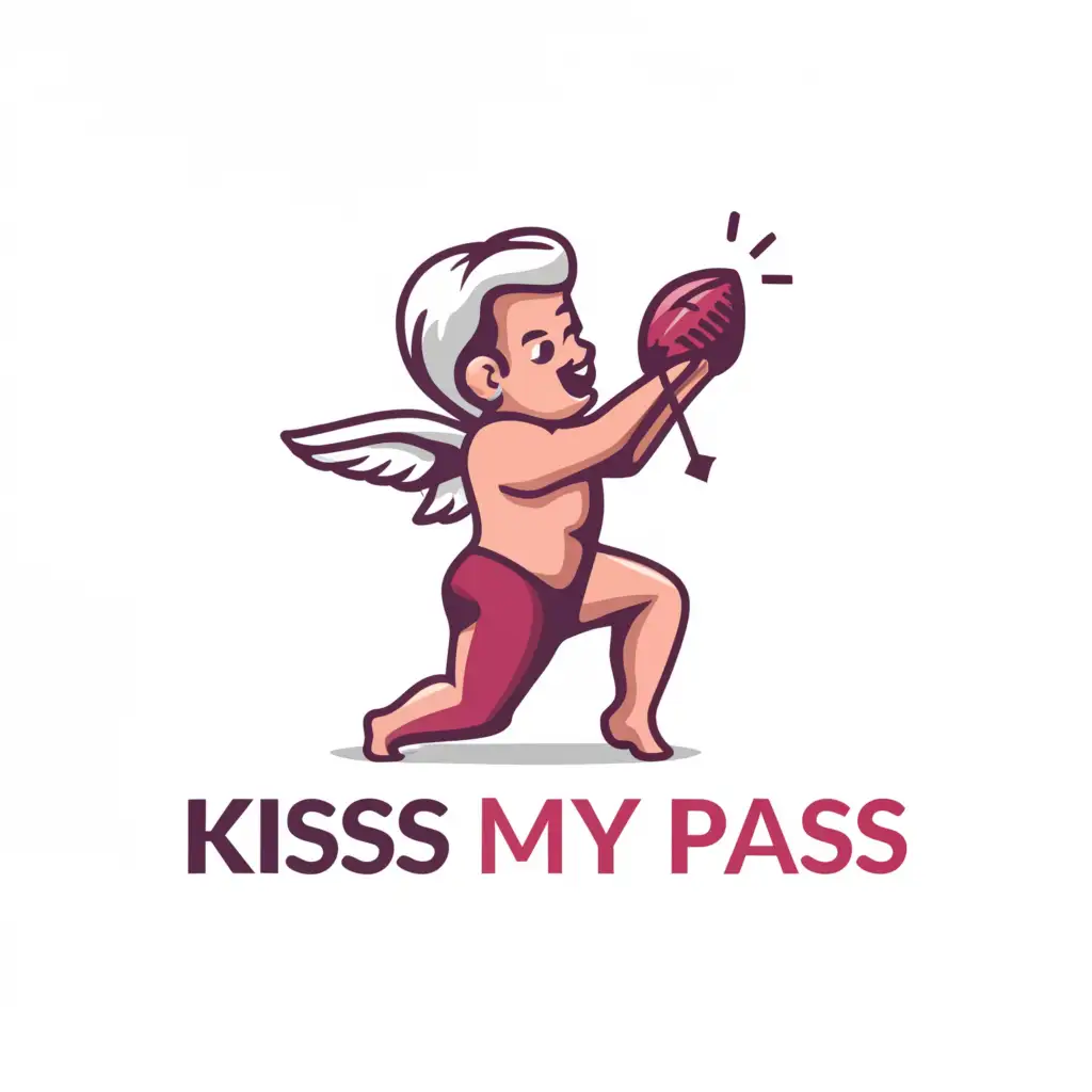 a logo design,with the text "Kiss My Pass", main symbol:cupid throwing a pink lip football,Moderate,be used in Sports Fitness industry,clear background