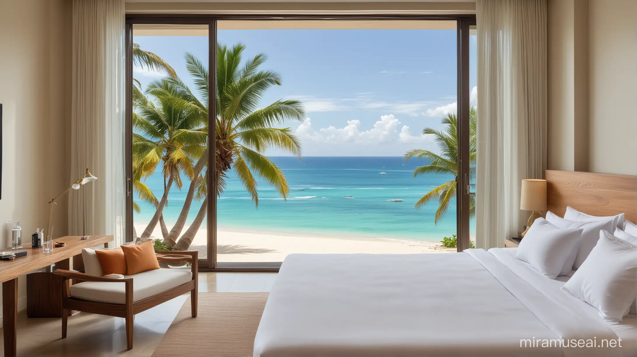 高级酒店，一张双人床正面全景，落地窗外是海滩，一颗椰子树，晴天