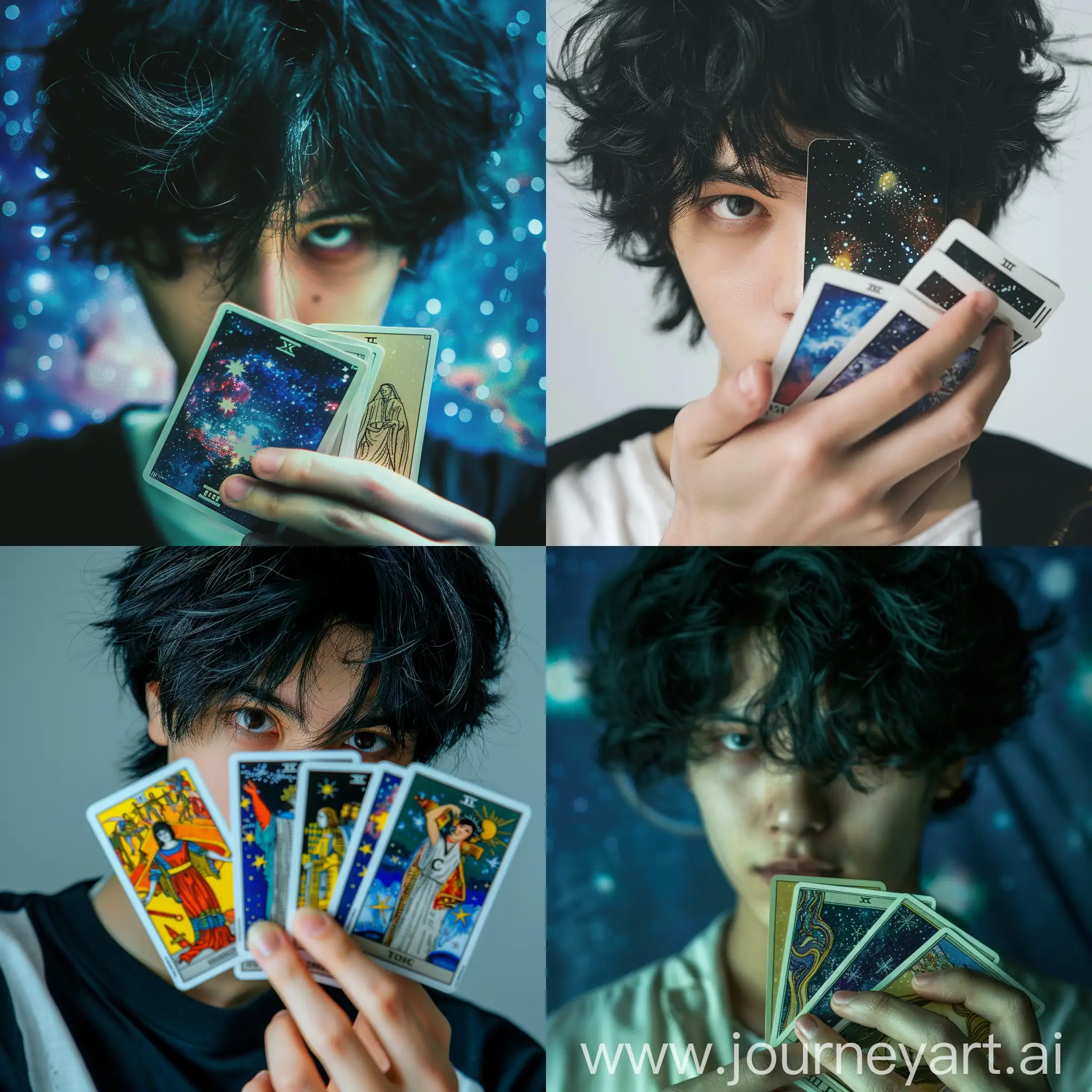 A mysterious young man with black hair
From the front and close view
He holds the tarot cards in his hand in front of his face. Half of his face is visible.
The space theme is mysterious
