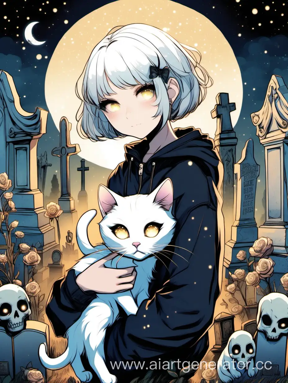 Девушка с белыми короткими волосами  с кошкой нежитью  на руках на фоне кладбища, со светящимися глазами
