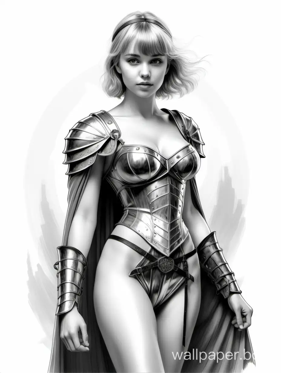 A young girl, resembling Elena Korikova. Size 4 chest, narrow waist, wide hips. Short light hair with bangs. Fashionable medieval revealing clothing. Valkyrie hero. Black and white sketch, white background, full-length, nude style.