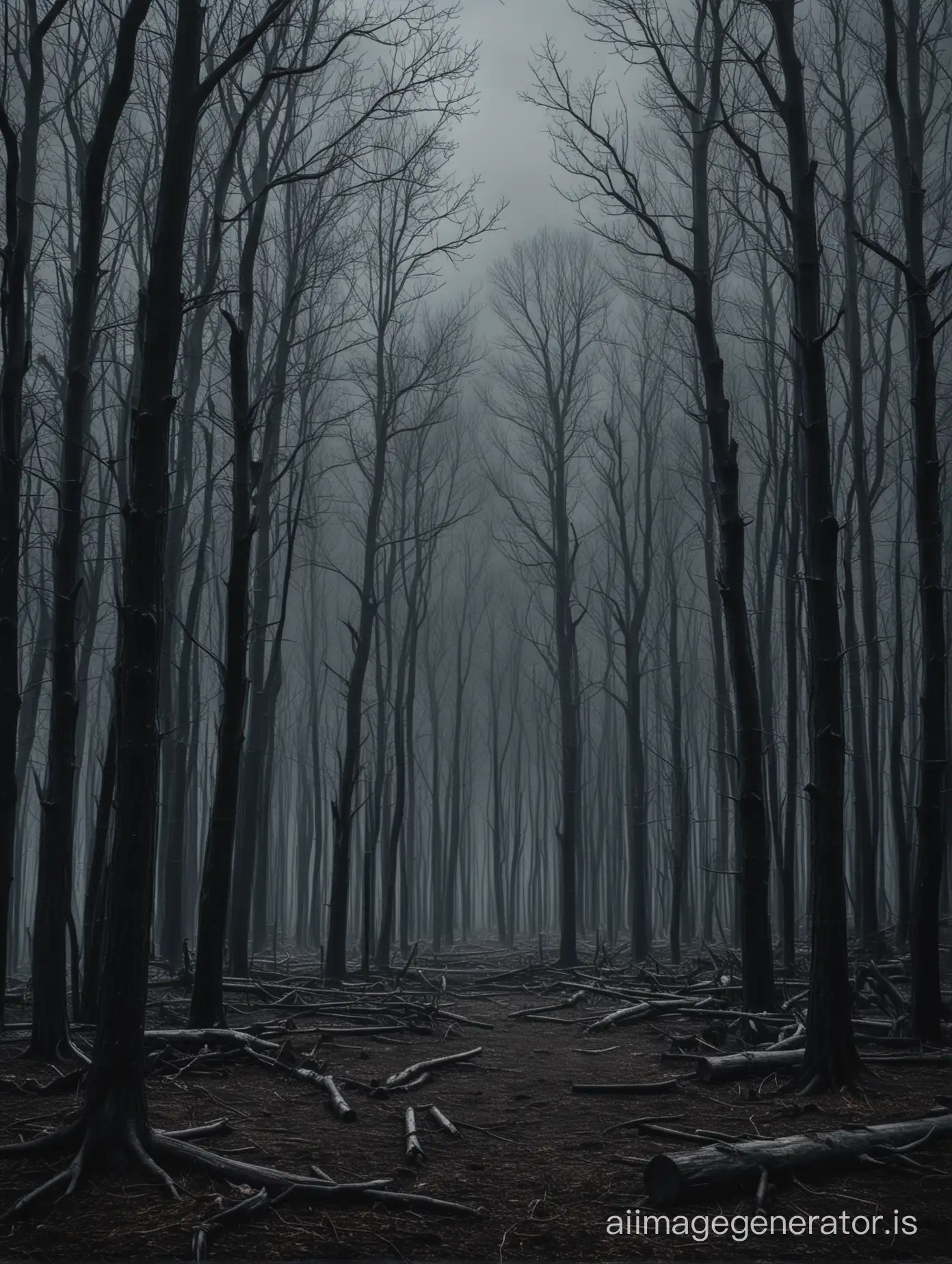A dark picture, with a dark forest full of dead trees