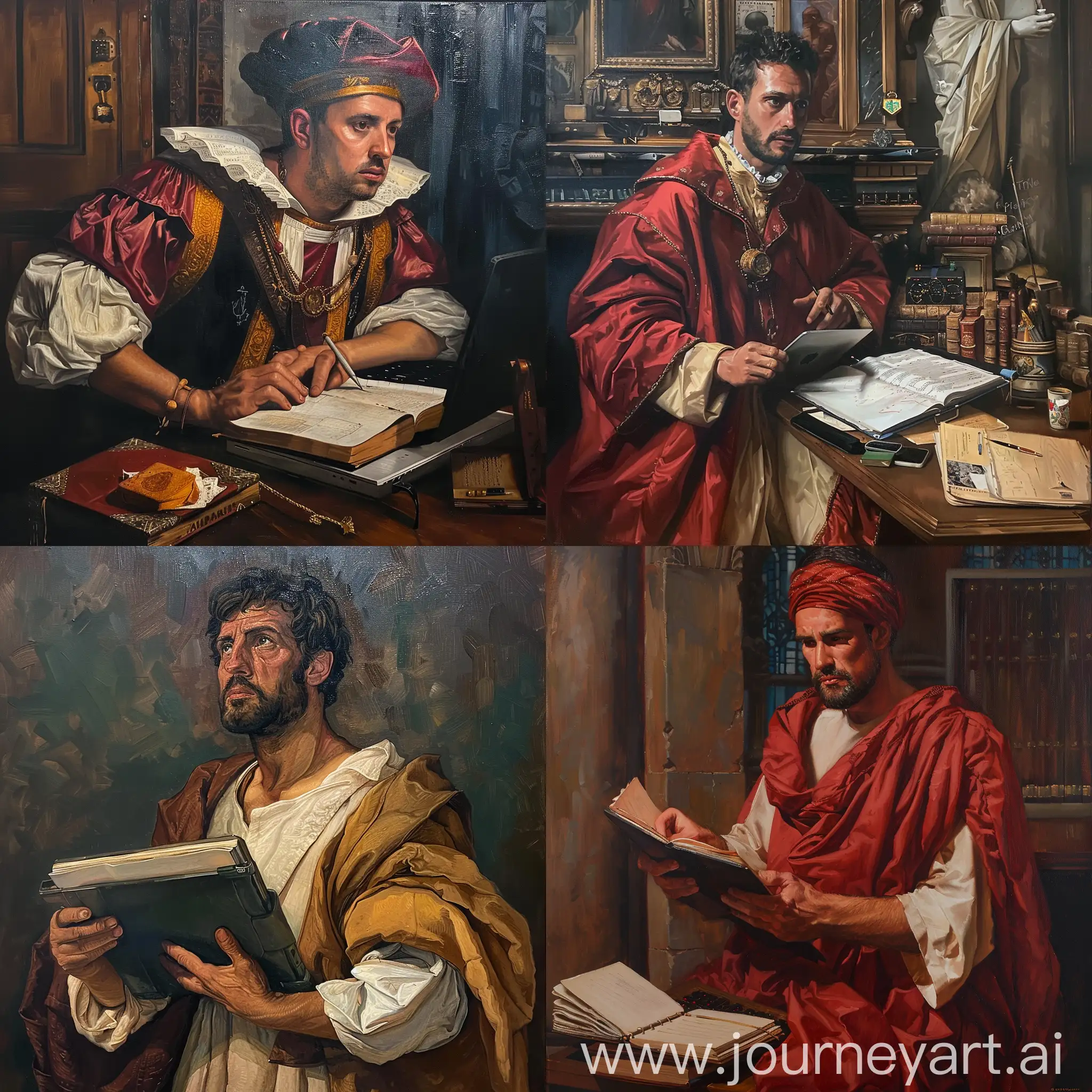 The I.T. guy presents his project beautifully, oil painting, renaissance style


