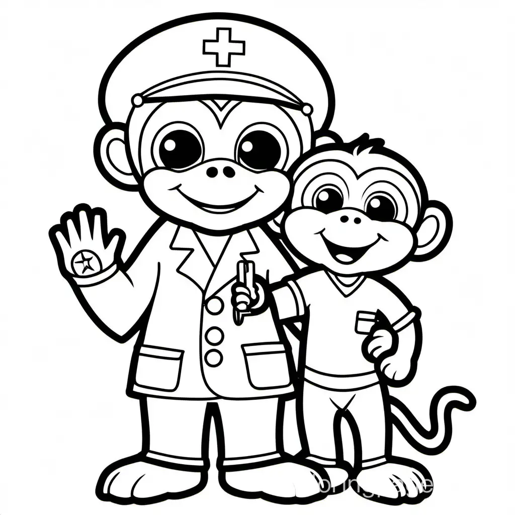 monkey with a nurse, Coloring Page, black and white, line art, white background, Simplicity, Ample White Space. The background of the coloring page is plain white to make it easy for young children to color within the lines. The outlines of all the subjects are easy to distinguish, making it simple for kids to color without too much difficulty