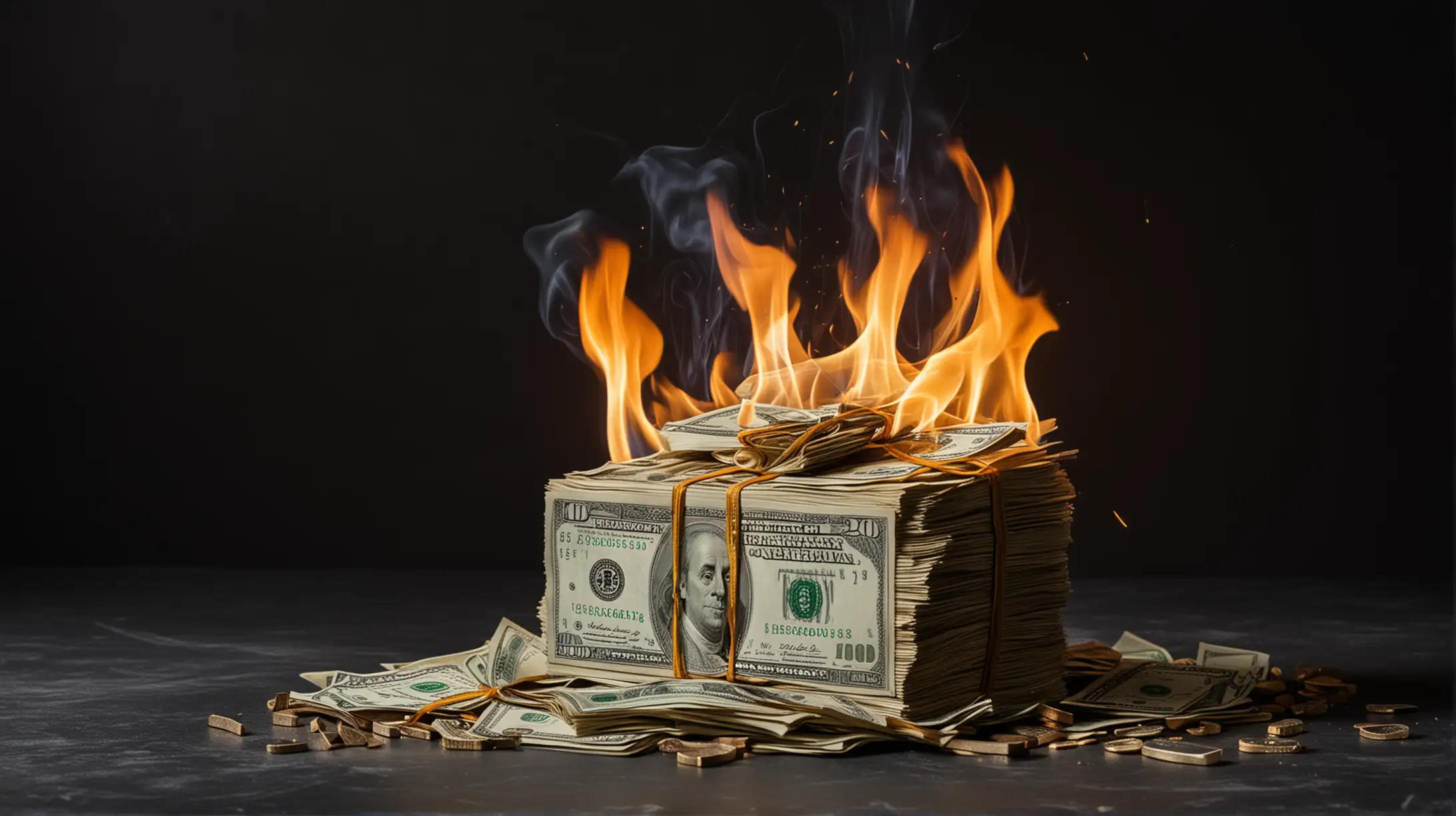 small stack of burning cash, dark background